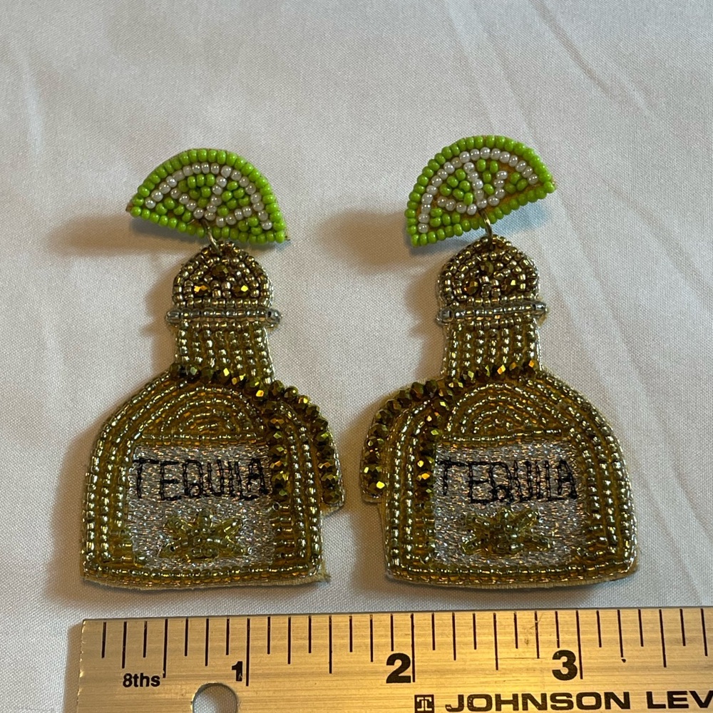 Beaded Tequila Bottle Earrings - Green and Gold